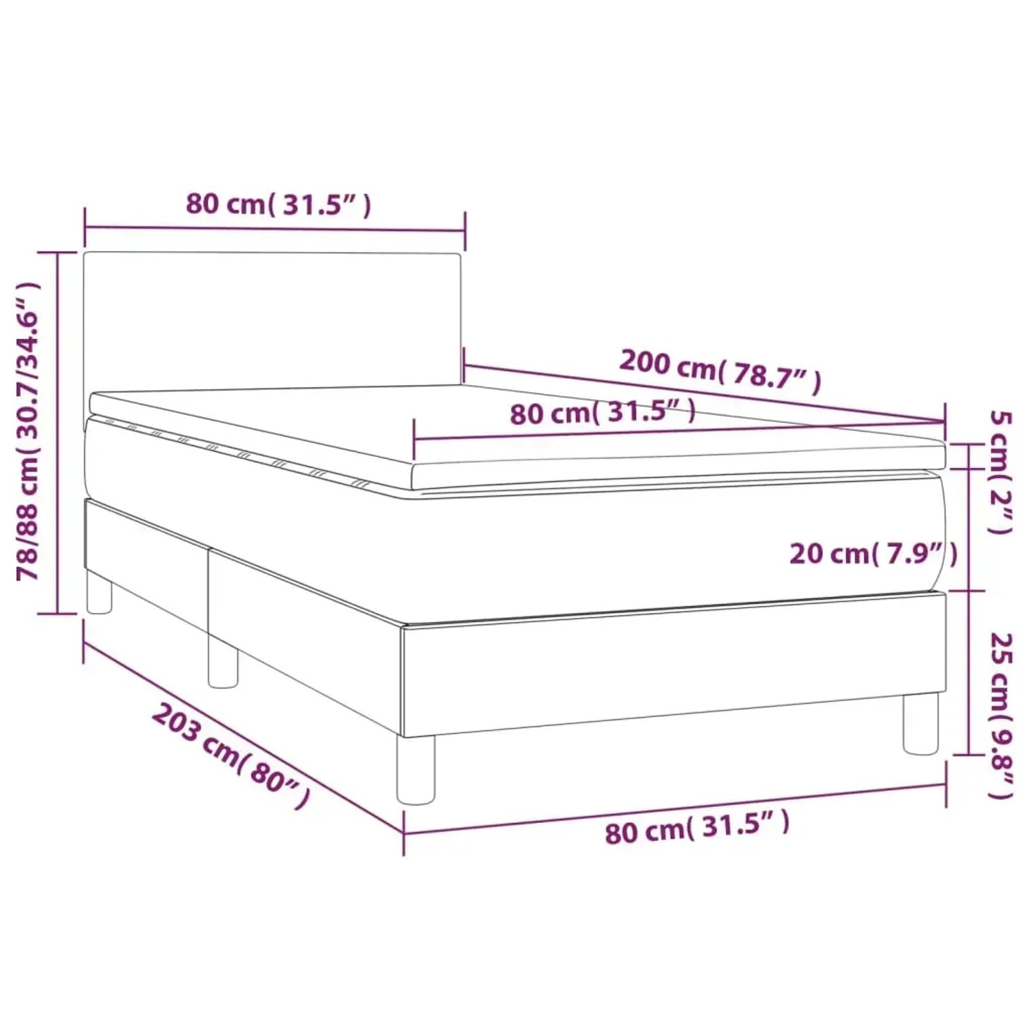Skizze Boxspringbett Taupe 80x200 cm mit Matratze und Maßen