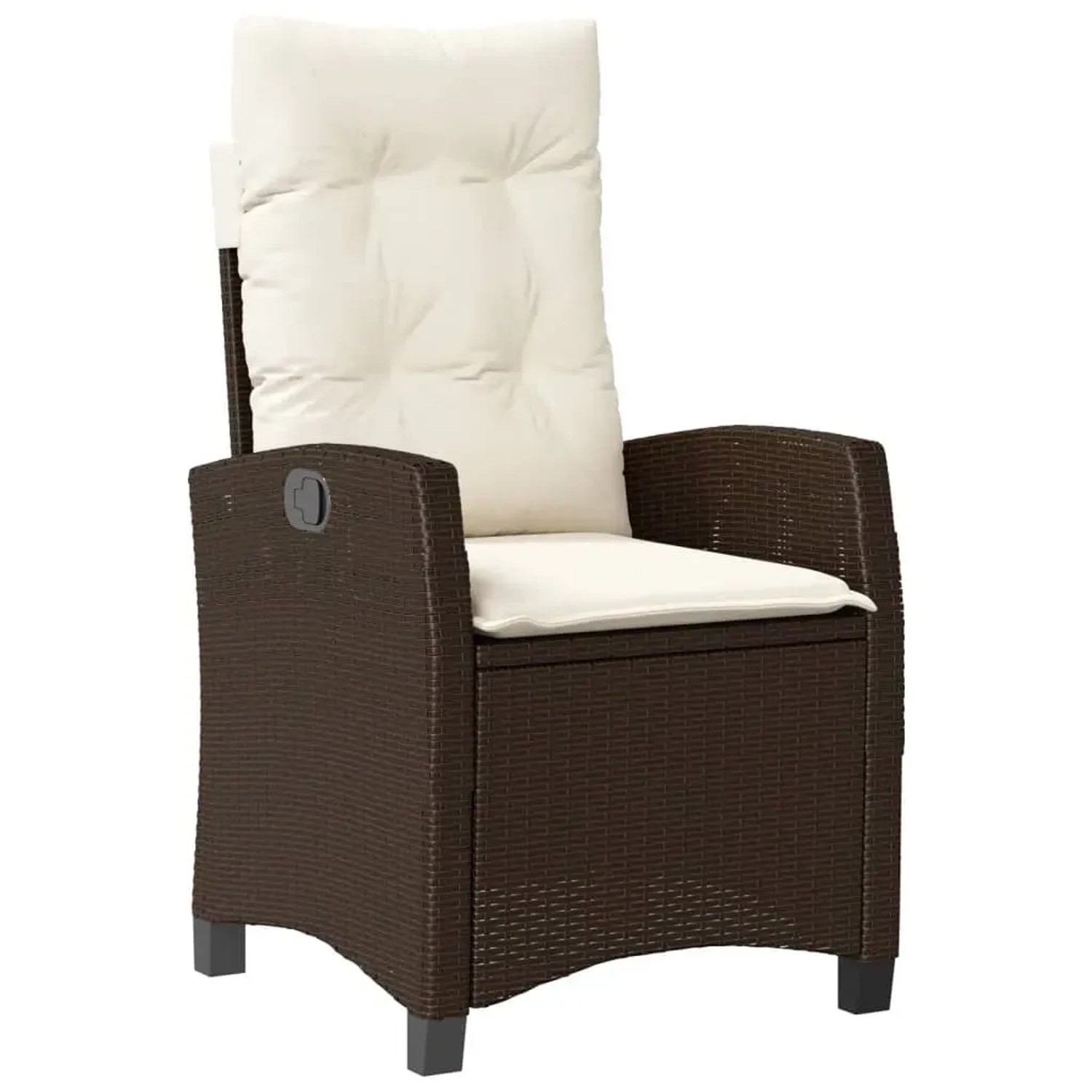 Brauner vidaXL Garten-Relaxsessel aus Rattan mit cremeweißen Kissen für Gartenmöbel.