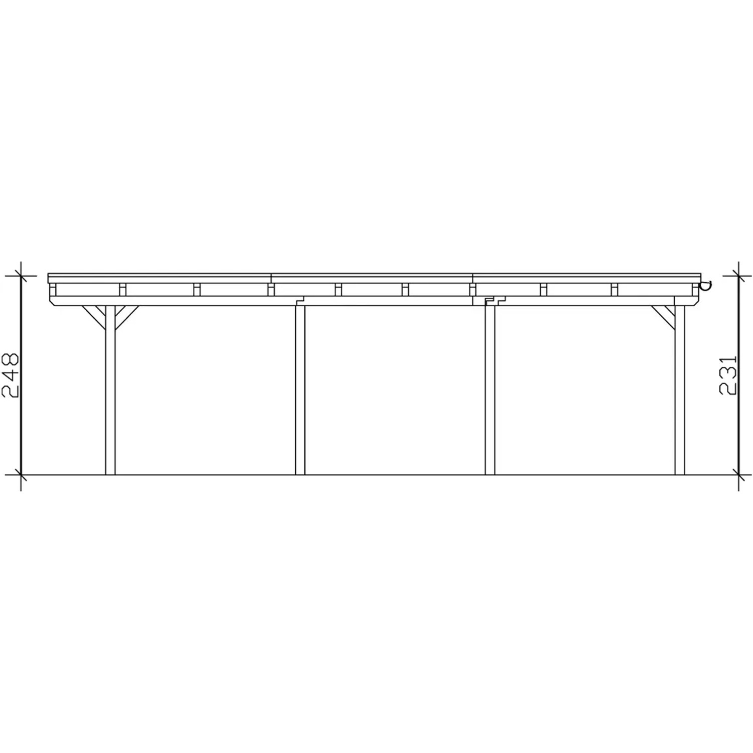 Technische Zeichnung: Weißer Skan Holz Carport Emsland, Maße 613x846 cm, Pfosten, Dach mit Regenrinne.