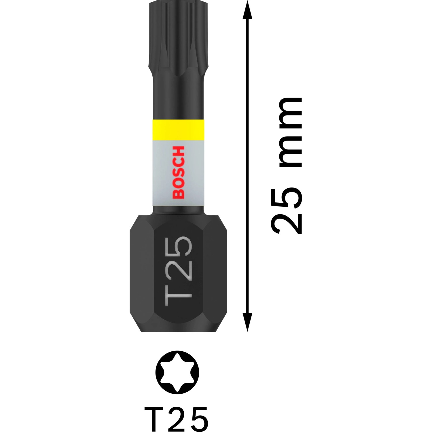 Schwarzer Bosch T25 Impact Control Torx-Schrauberbit, 25 mm lang, mit gelbem Ring. Für Bitsets.