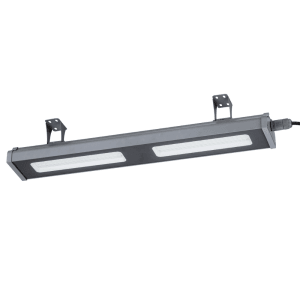 Graue LUXULA LED Hallenleuchte, linear, 100W, mit Halterungen. Neutralweißes Licht.