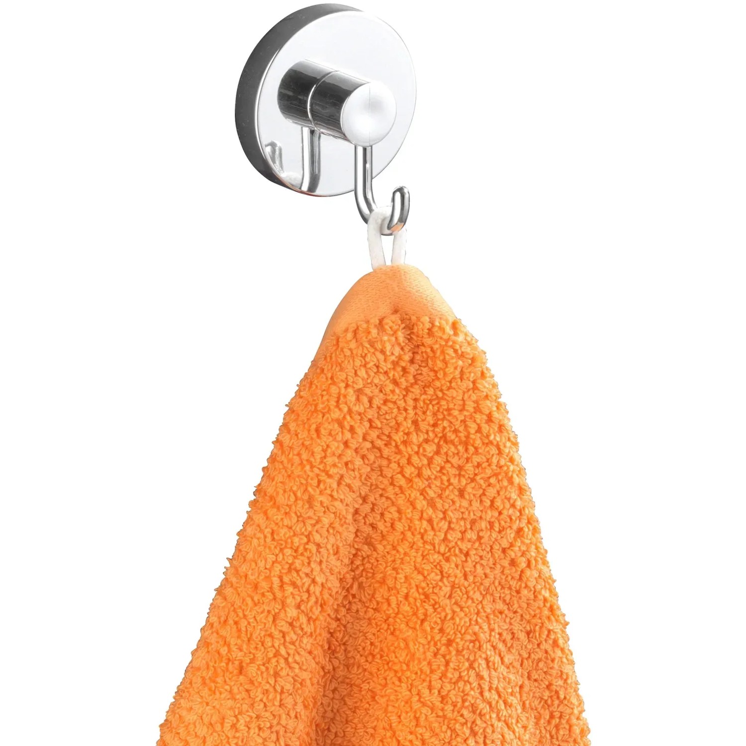 Wenko Vacuum-Loc Hakenset, 2 Chrom Haken rund mit orangefarbenem Handtuch.
