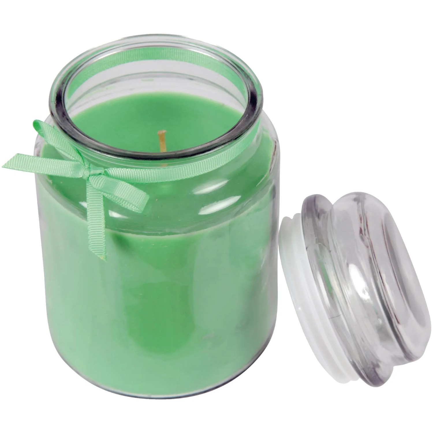 Grüne Duftkerze Coconut Limes im Bonbonglas (Ø10cm) mit Schleife und Glasdeckel.