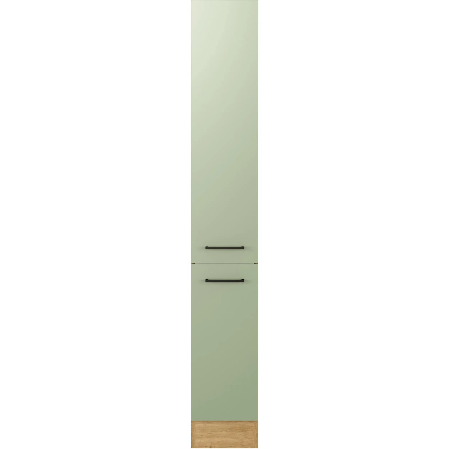 Flex-Well Apotheker-Hochschrank Cara, schilfgrün/Artisan Eiche, mit zwei Auszügen und schwarzen Griffen.