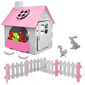 smalla Kinder Spielhaus aus Filz, pink, mit Zubehör wie Zaun, Hase und Eichhörnchen.