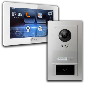 Goliath 2-Draht BUS IP Video Türsprechanlage mit 7 Zoll Monitor, RFID, in Weiß und Silber.