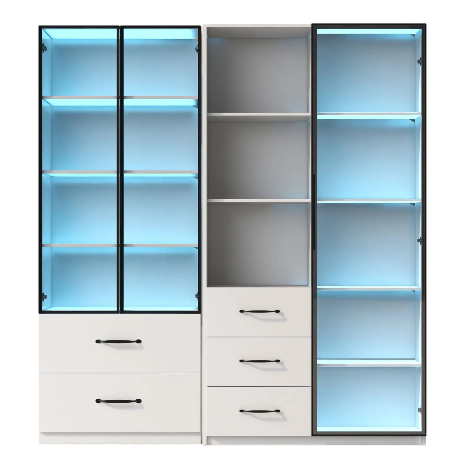 okwish Vitrine mit LED Glasfächern Bücherregal Wohnzimmer 140x40x160cm Weiß