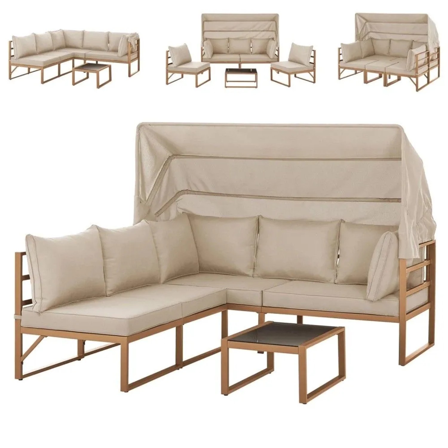 Svita Maui Gartenmöbel-Lounge-Set Mit Dach Outdoor-Sofa Strandkorb-Sonneninsel Stahl Beige