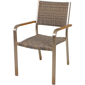 Stapelstuhl der Tischgruppe Florence aus Polyrattan in Braun und Champagnerfarben.