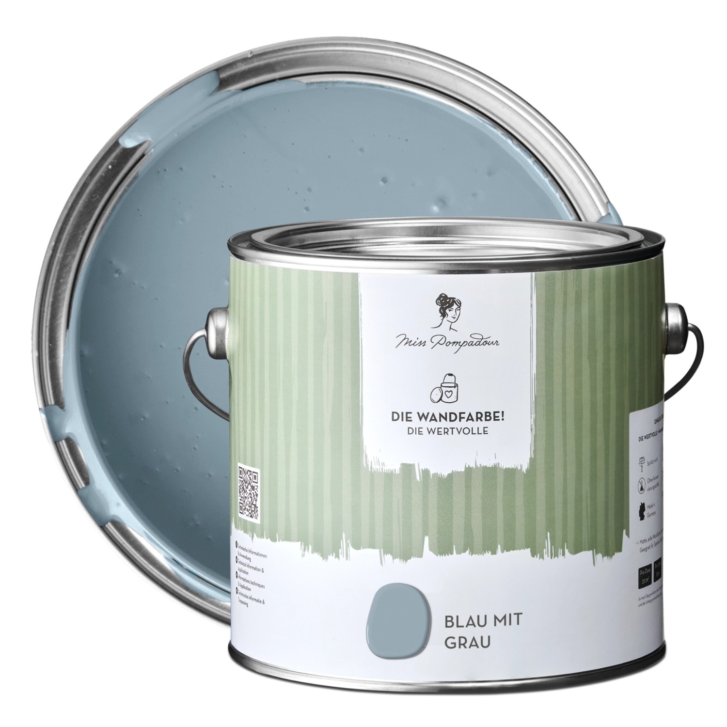 MissPompadour Extramatte Wandfarbe Blau mit Grau 2,5L Hochdeckend Spritzfrei