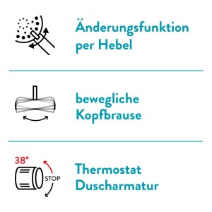 Details des baliv Überkopfbrause-Sets: Strahlarten per Hebel, bewegliche Kopfbrause, Thermostat-Duscharmatur.