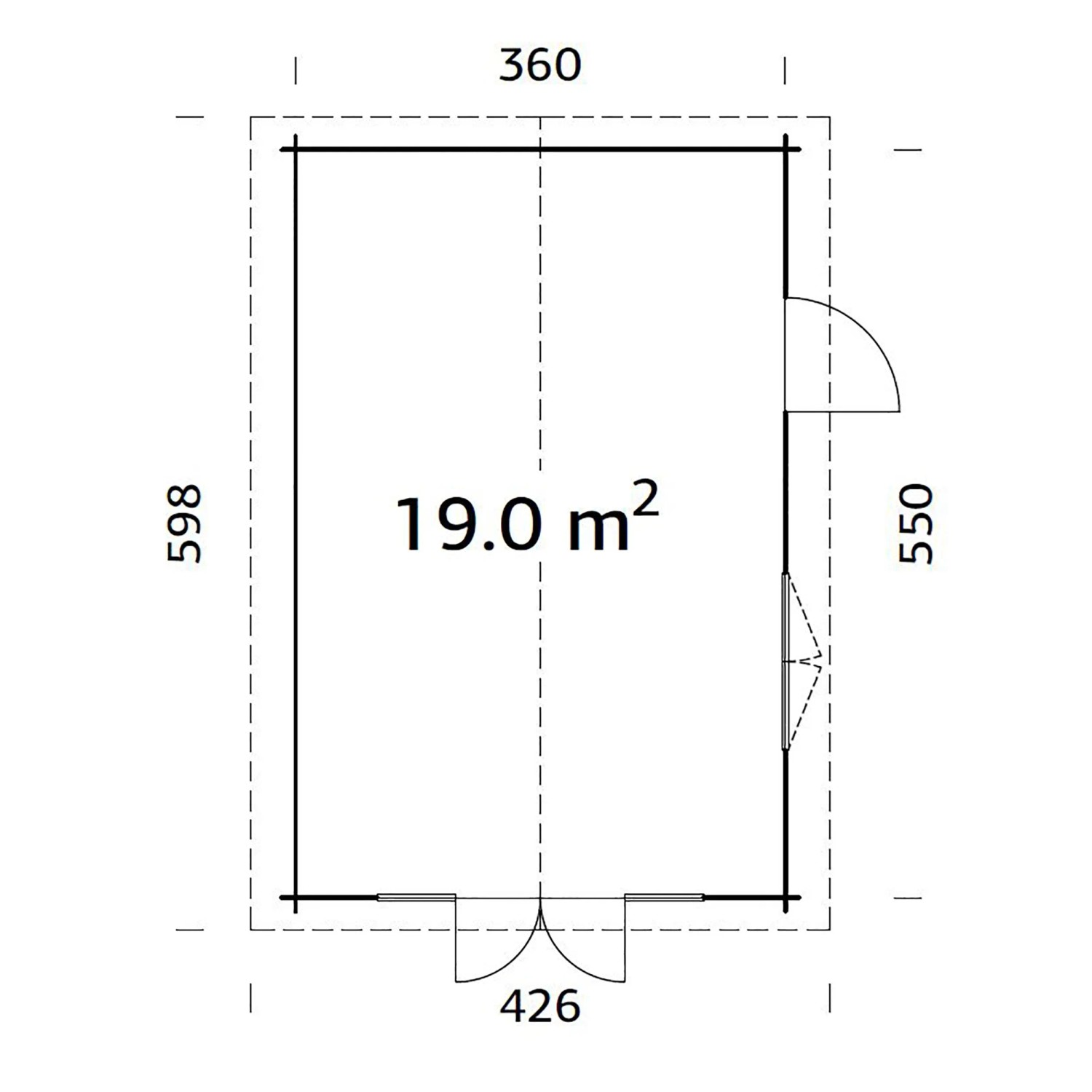 Grundriss Palmako Irene Holz-Gartenhaus: 360x550cm, 19m² Fläche. Ideal als Gerätehaus oder Gartenpavillon.