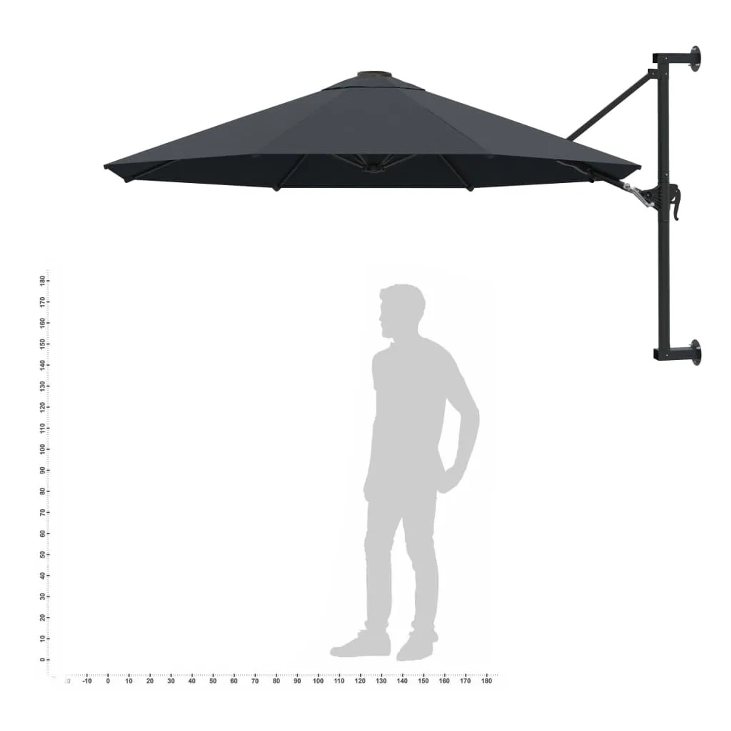 Anthrazitfarbener furnicato Wand-Sonnenschirm, 300 cm Durchmesser, mit Metallmast zur Montage an der Wand.