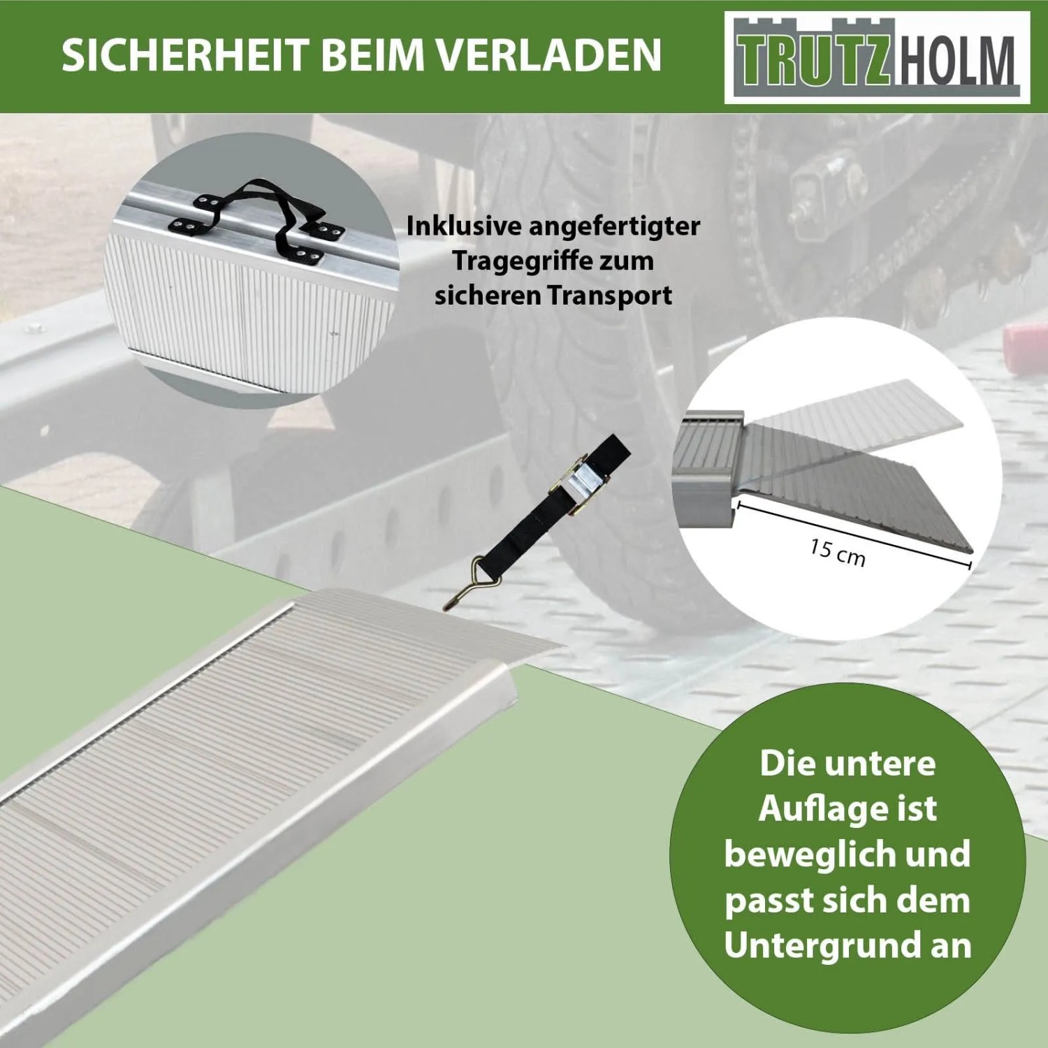 TRUTZHOLM Aluminium Auffahrrampe, klappbar, mit Tragegriffen, rutschfester Lauffläche und beweglicher Auflage.