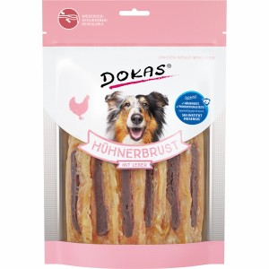 Dokas Hühnerbrust mit Leber, 220g, Hunde-Snack im wiederverschließbaren Beutel.