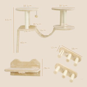 Beige PawHut Katzen Kletterwand Set mit Kratzbaum, Treppen und Liegeflächen. Ideal für die Wandmontage.