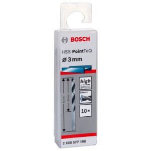 Bosch HSS-Spiralbohrer PointTeQ, Ø 3 mm, 10er-Pack im transparenten Kunststoffbehälter.