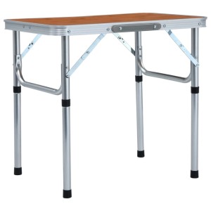 Klappbarer Campingtisch aus Aluminium mit brauner Tischplatte, 60x45 cm.
