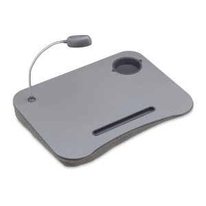 Graues Laptopkissen aus Schaumstoff mit LED-Licht, Getränkehalter und Tablet-Ablage. Für bequemes Arbeiten.