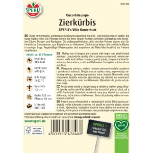 Samenpackung Zierkürbis 'Villa Kunterbunt' von Sperli: Farbenfrohe Kürbissamen für Herbstdeko und Halloween.
