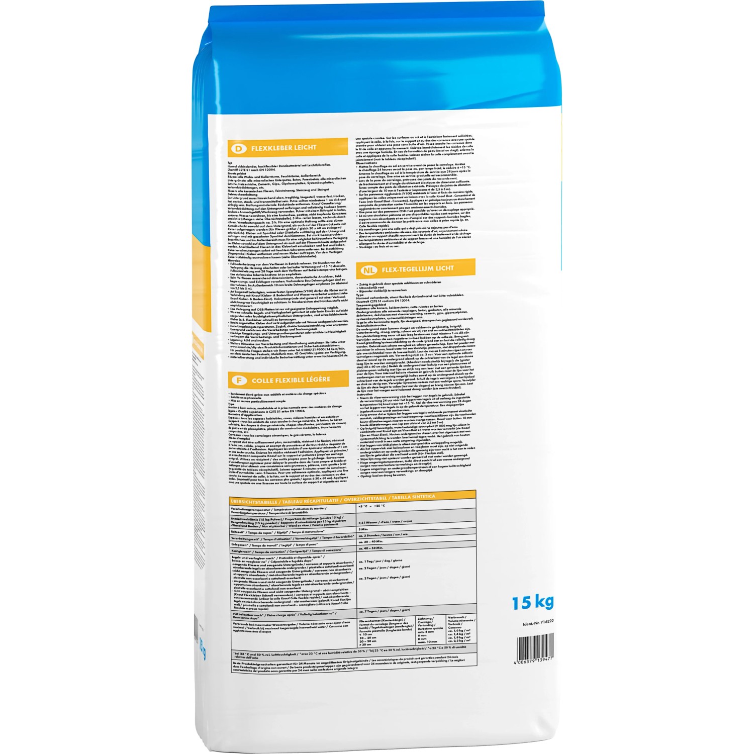 Knauf Flexkleber Leicht, 15kg Sack, Fliesenkleber für Wand und Boden.