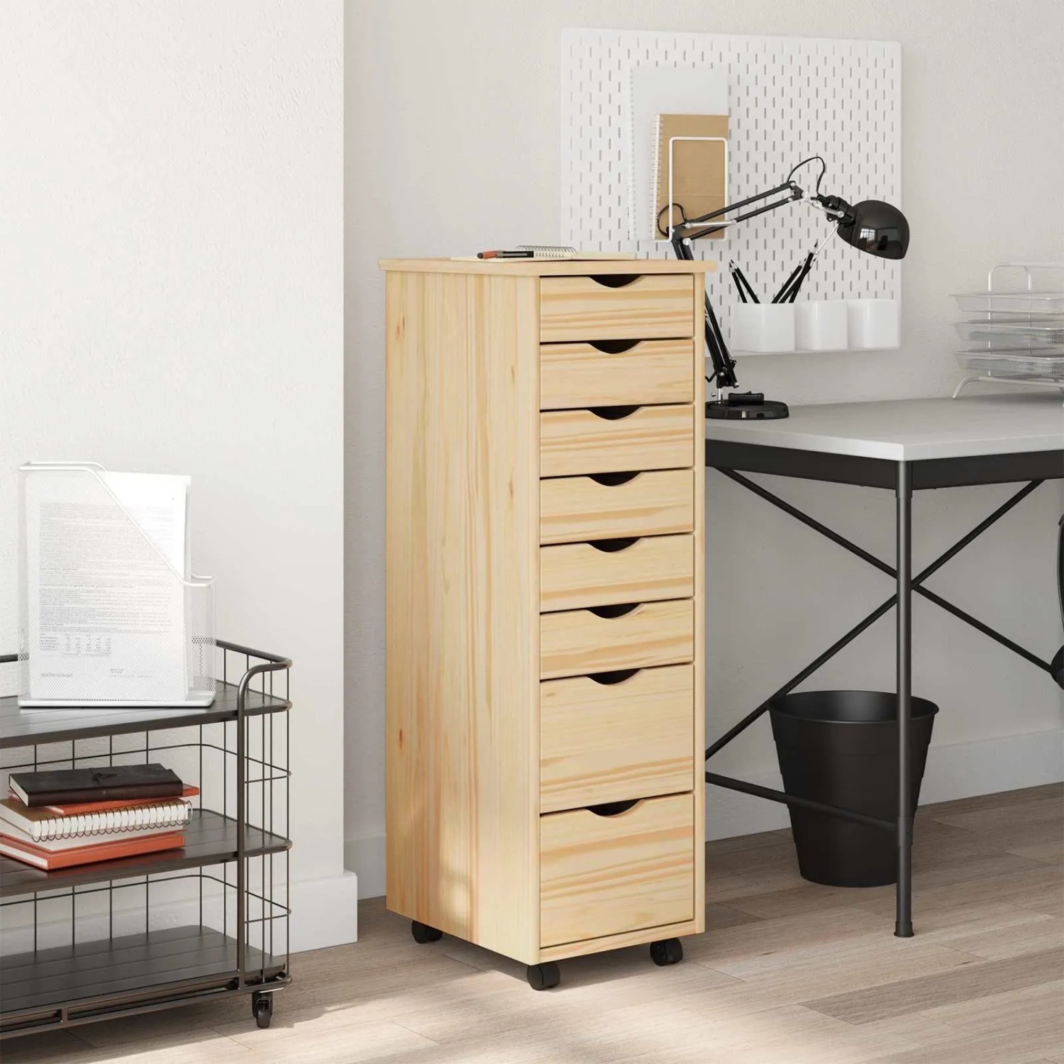 vidaXL Rollcontainer mit 8 Schubladen aus Kiefernholz, klar lackiert, für Wohnzimmer und Büro.