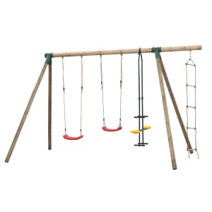 SwingKing Doppel-Schaukel Danielle mit Strickleiter aus Holz, zwei roten Schaukelsitzen und einer gelben Kletterleiter.