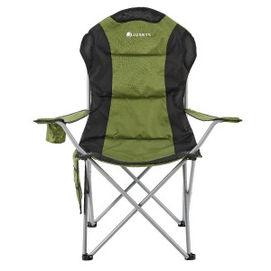 Grüner Juskys Campingstuhl Lido mit Getränkehalter und Tragetasche.