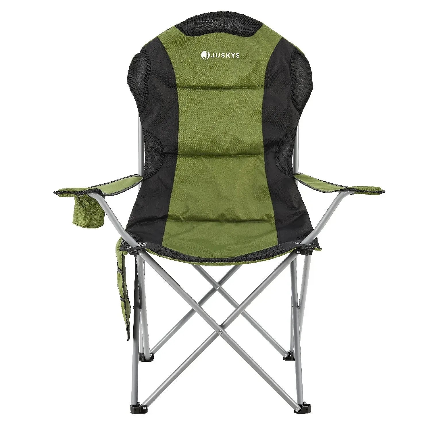 Grüner Juskys Campingstuhl Lido mit Getränkehalter und Tragetasche.
