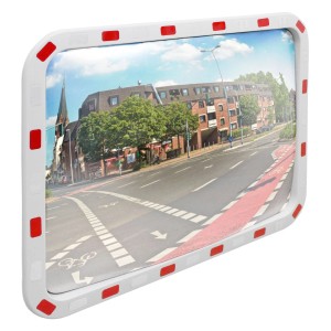 Rechteckiger Verkehrsspiegel 60x80 cm mit rot-weißen Reflektoren und Halterung für Carports.