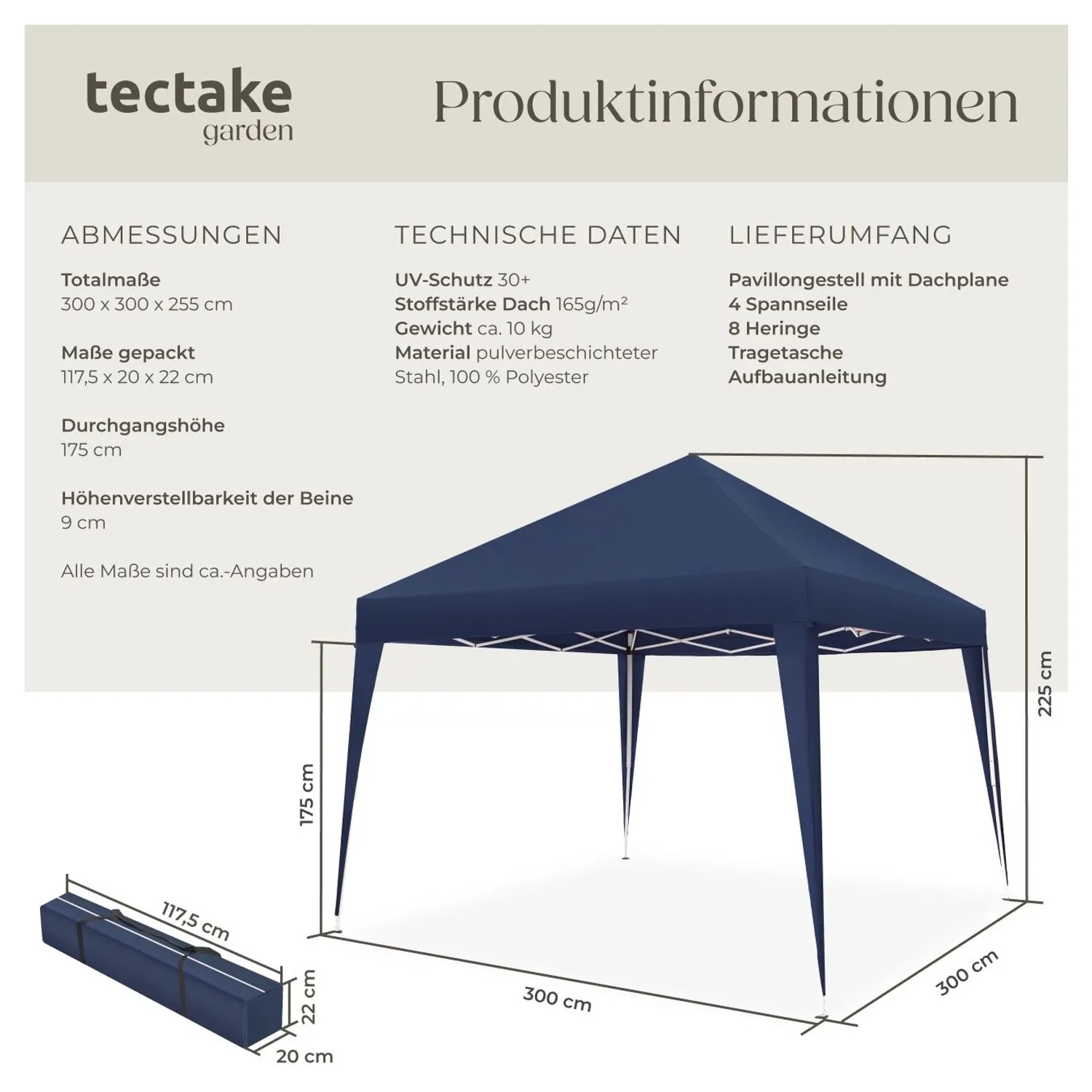 Tectake Pavillon Linosa 3 x 3 M Faltbar und Wasserabweisend 300 x 300 x 255 cm Blau_6