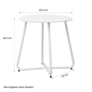 Runder weißer Metall-Gartentisch Beistelltisch, 45 cm Durchmesser, mit Maßen.