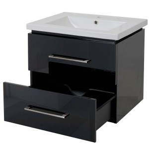 Schwarzer MCW Waschbeckenunterschrank mit Keramikwaschbecken, 60cm, zwei Schubladen.