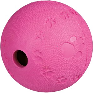 Pinker Jollypaw Snackball aus Naturgummi mit Pfotenabdruck und Loch.