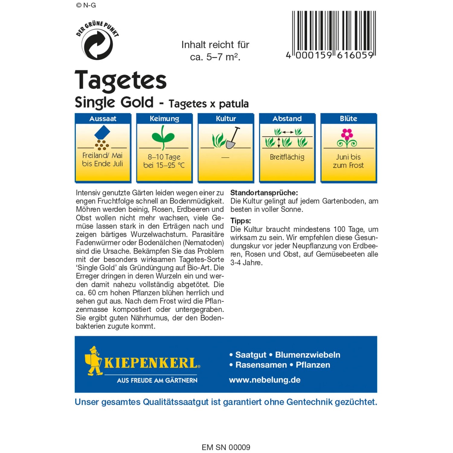 Kiepenkerl Tagetes Single Gold Samenpackung, gelbe Ringelblumen für Beet und Garten.