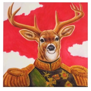 Handgemaltes Ölgemälde: Hirsch in Uniform mit Geweih auf Leinwand. Abstraktes Wandbild, Dekoartikel.