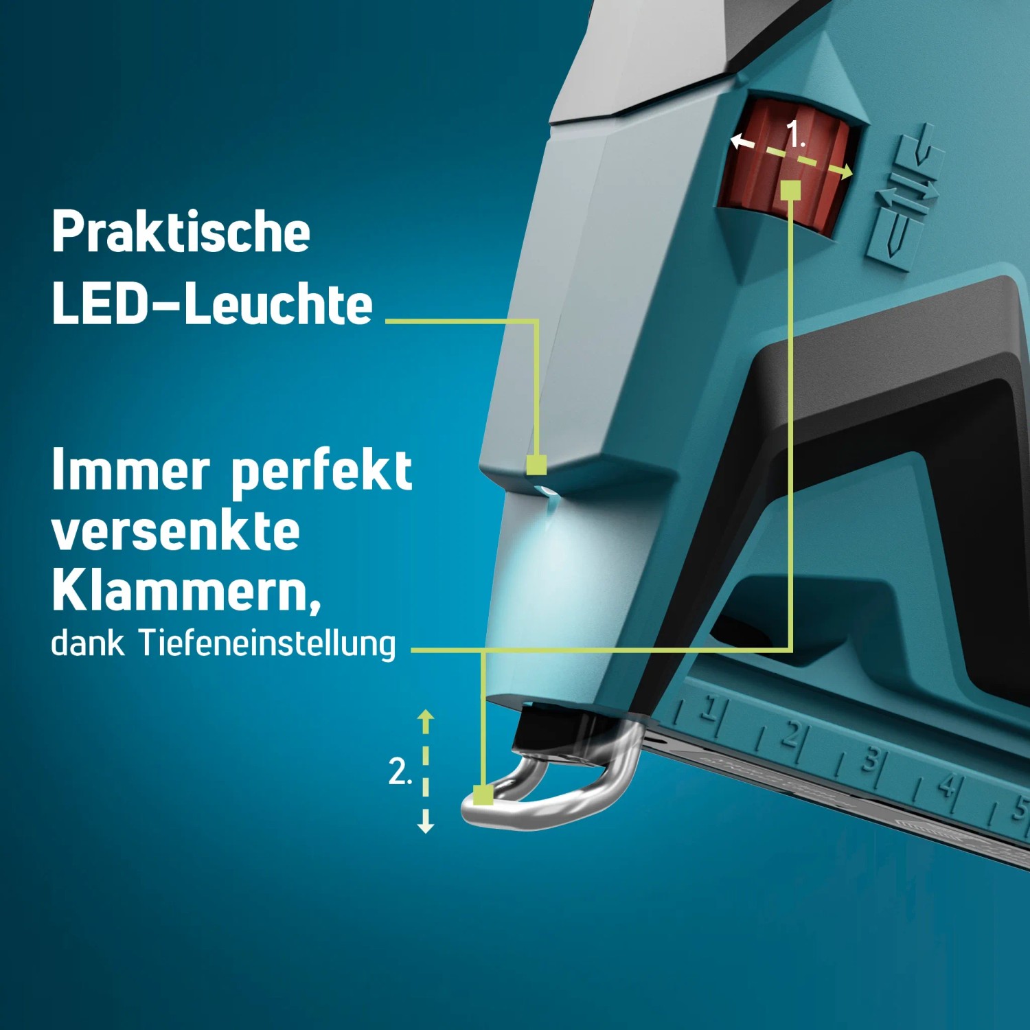 Detailaufnahme Novus Akkutacker J-550: LED-Licht, Tiefeneinstellung für Klammern.