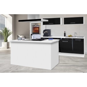 Respekta Premium Inselküche, 280 cm, schwarz-weiß. Moderne Küche mit Kochinsel und Hochglanzfronten.