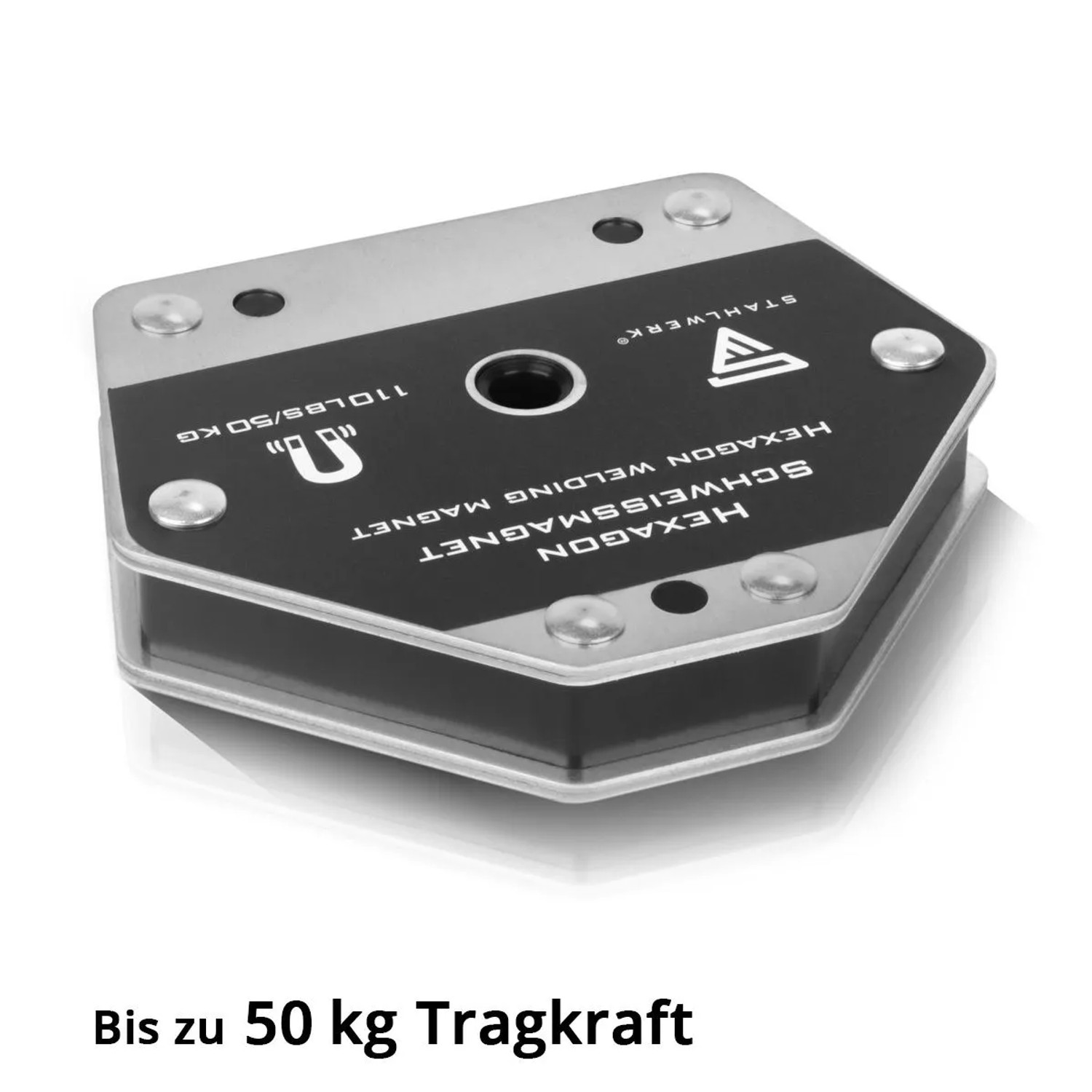 STAHLWERK Hexagon Schweißmagnet, schwarz-silber, 50 kg Haftkraft. Ideal zum Fixieren von Werkstücken beim Schweißen.