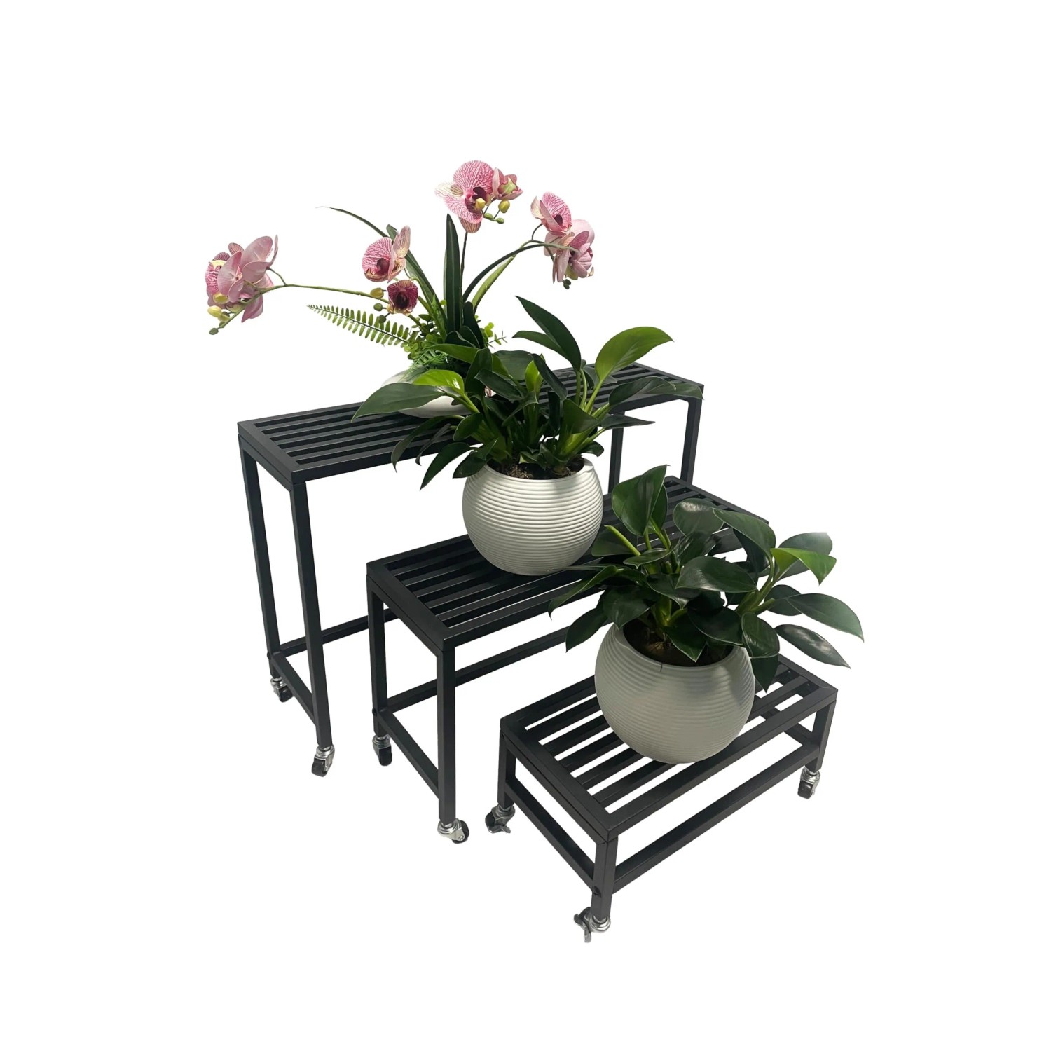 DELUKE Pflanzbank JAKOB 3er Set Schwarz Stahl Blumenständer Pflanzenständer Blumenbank