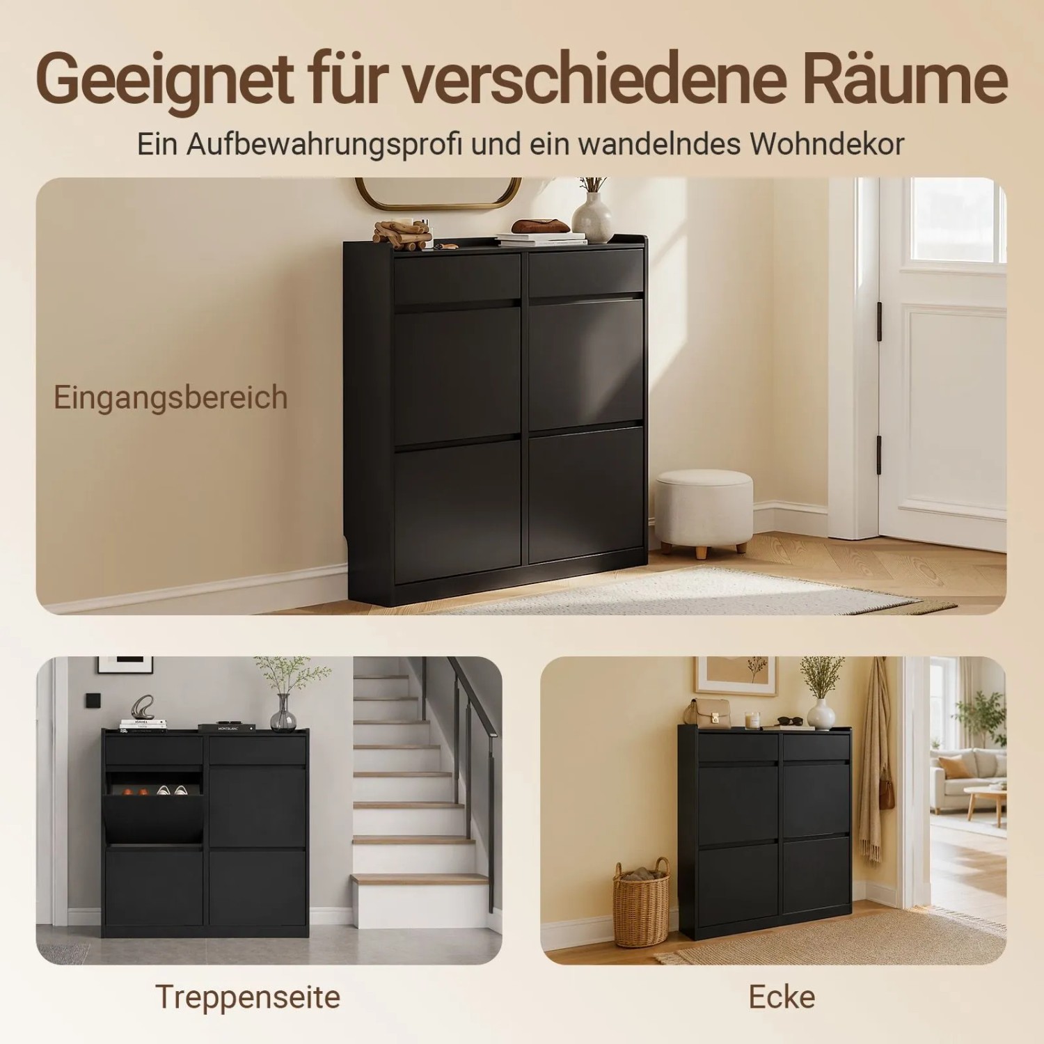 Schwarzer, schmaler SoBuy Schuhschrank mit 2 Schubladen und 4 Klappen. Ideal für Flur, Treppe, Ecke.