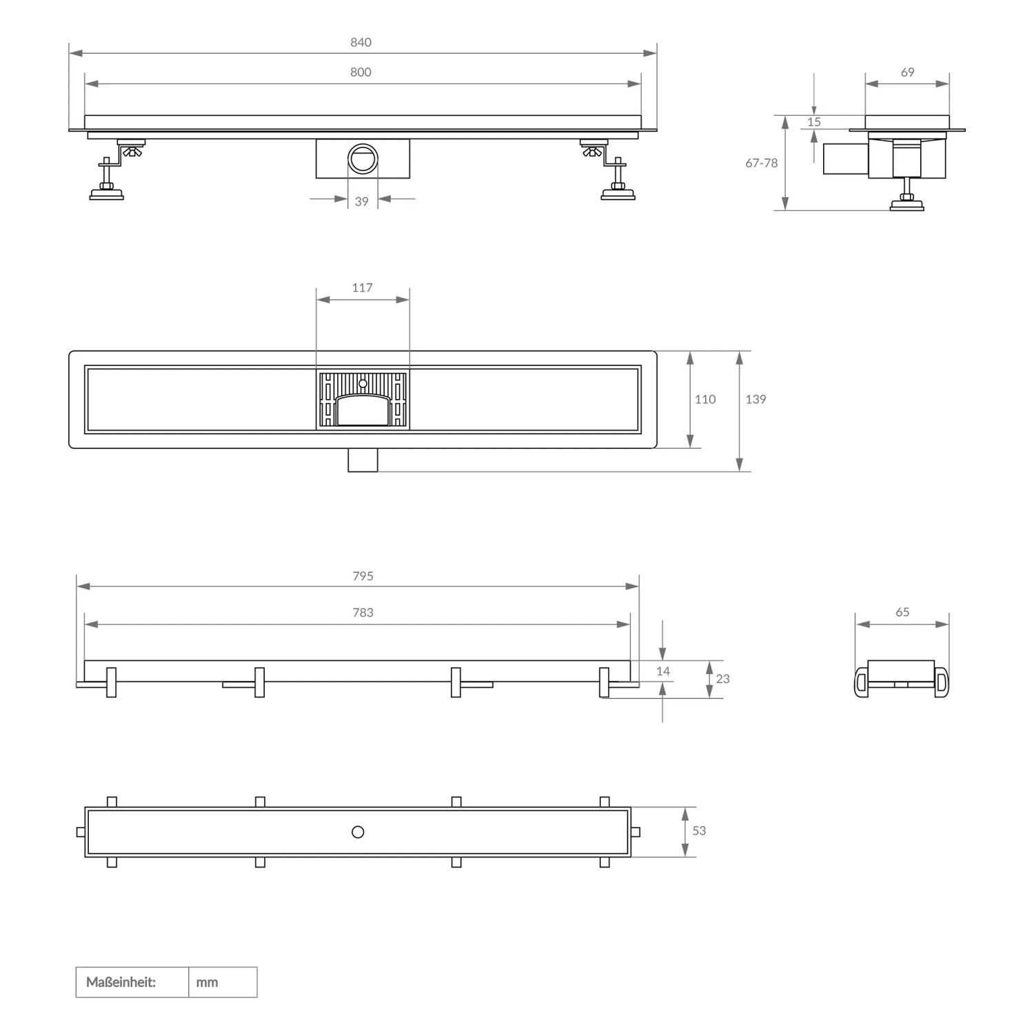 Technische Zeichnung: LuxeBath Duschrinne 80cm, befliesbar, extra flach, silber, mit Maßen.