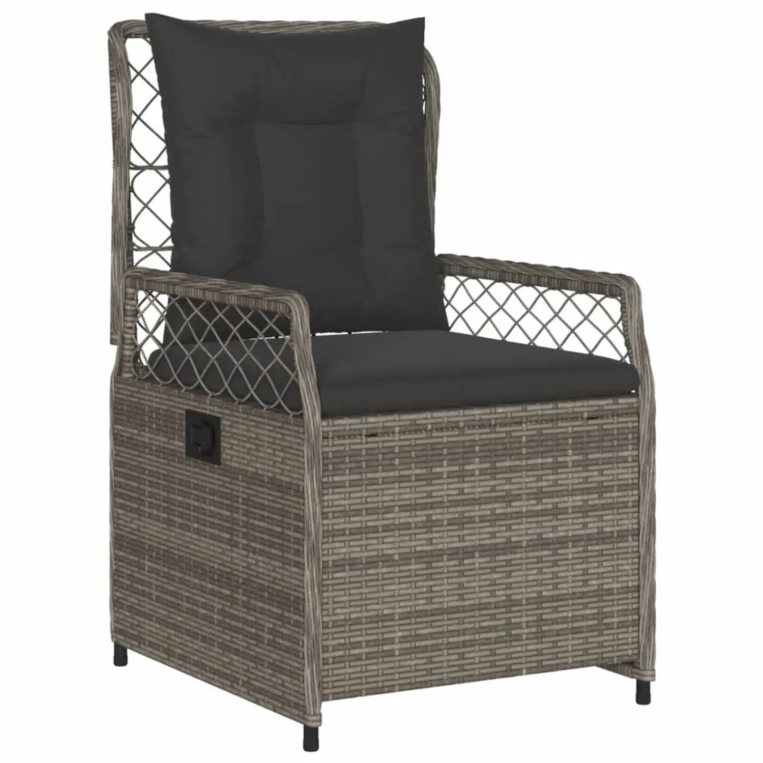 Grauer vidaXL Gartenstuhl aus Rattan mit dunklen Kissen für Essgruppe.