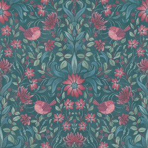 Bunte Vliestapete im Landhausstil mit Blumen und Vögeln in Grün und Lila für Wohnzimmer.