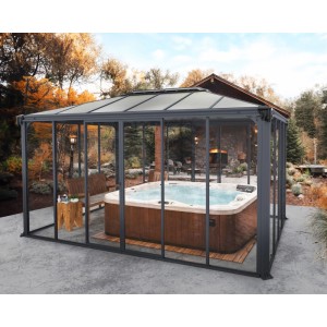 Canopia Ledro Pavillon 3x4.3m, anthrazitgrau, mit geschlossenem Design und Whirlpool im Inneren.