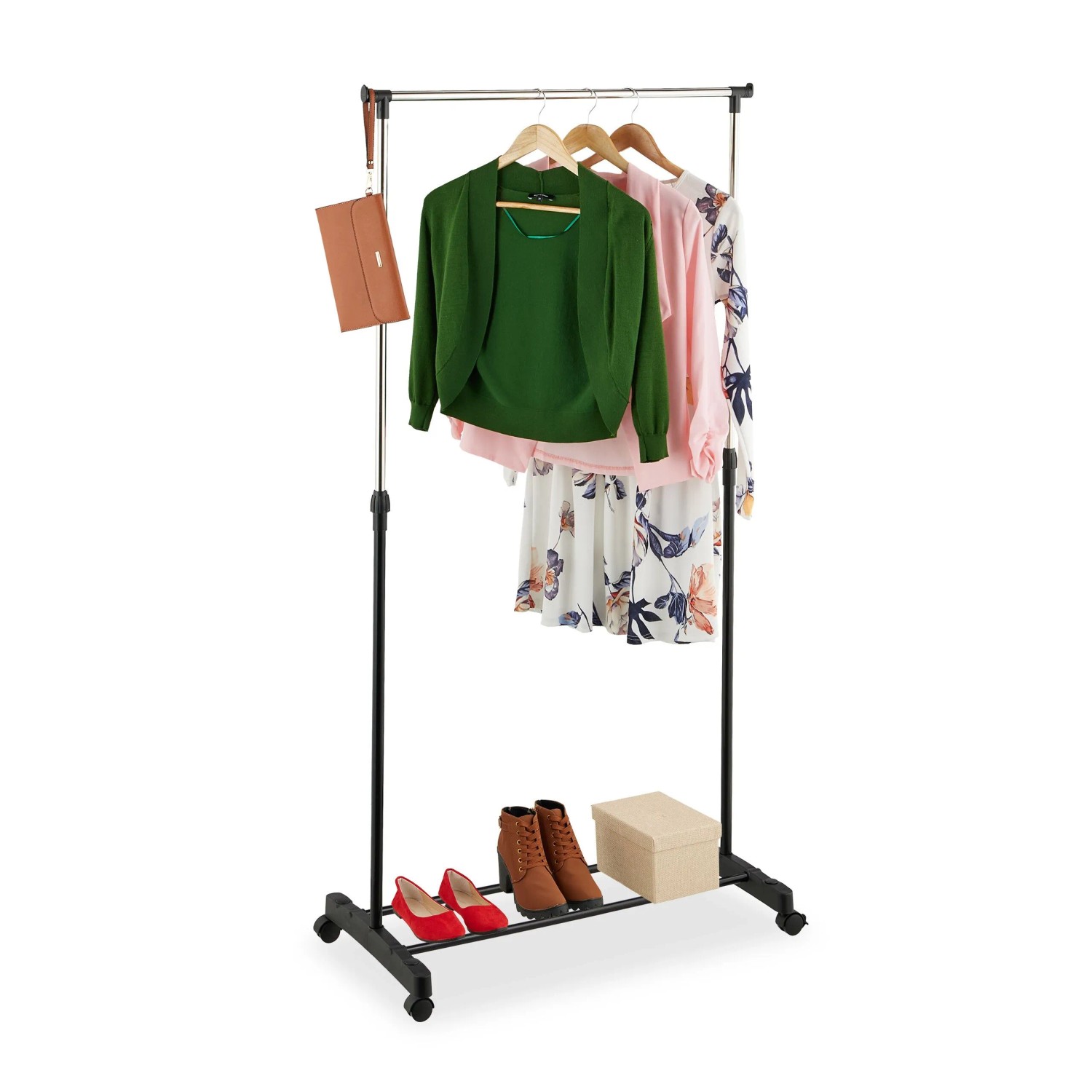 Relaxdays Kleiderständer Stahl Kunststoff Schwarz Silber Höhenverstellbar Rollbar 76 cm x 40,5 cm x 91 cm bis 156 cm 1,1 kg