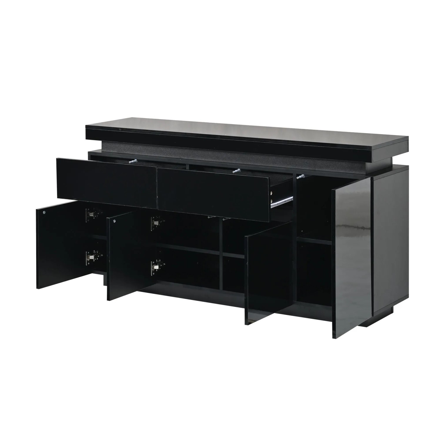 ModernLuxe Sideboard Hochglanz mit 2 Schubladen 4 Türen Led Spanplatte Schwarz
