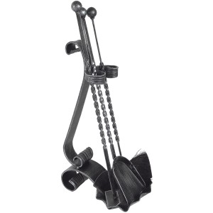 Schwarzes Kaminbesteck aus Schmiedeeisen, 3-teilig: Schaufel, Besen, Schürhaken.