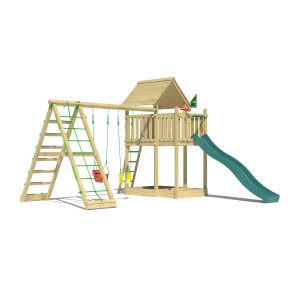 Jungle Gym Spielturm mit Doppelschaukel, Kletterbock und Rutsche in Dunkelgrün.