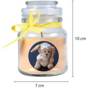 HS Candle Duftkerze Genesung Gelb Vanille im Glas mit Hunde-Motiv und gelber Schleife.